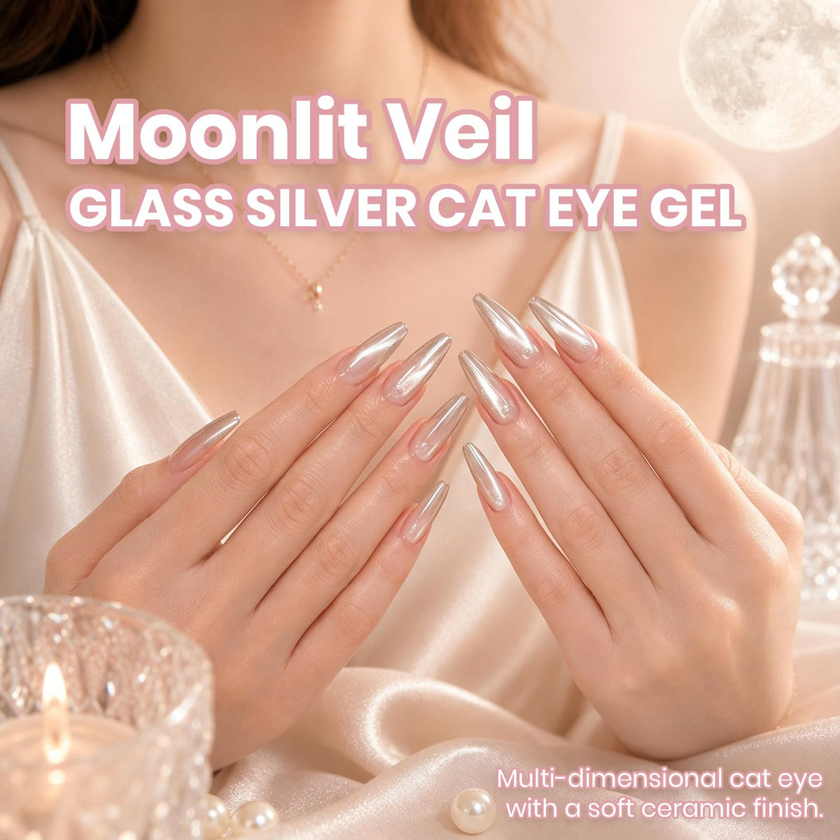Beetles Moonlit Veil on nude nail swatch showing soft glow benefit: delicate moonlit finish