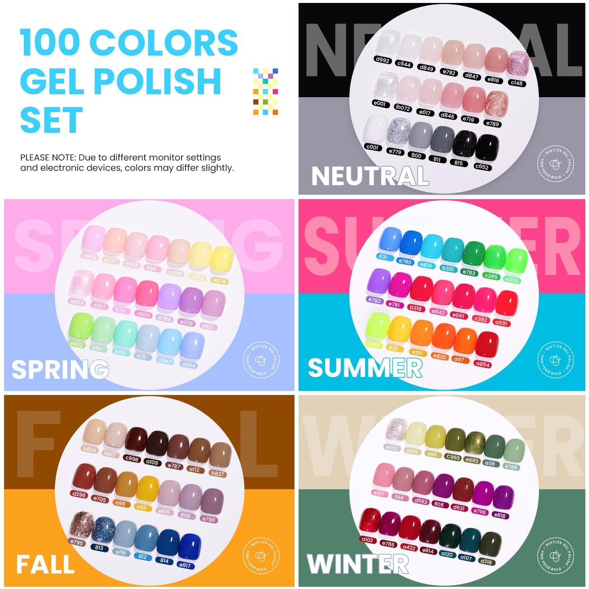 Beetles open box layout displaying 100 color bottles and included tools for variety