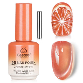 beetles Gel Polish front bottle showing bright orange shade and shimmer benefit