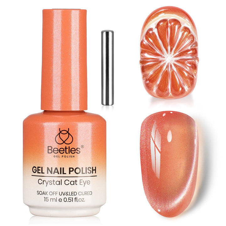 beetles Gel Polish front bottle showing bright orange shade and shimmer benefit