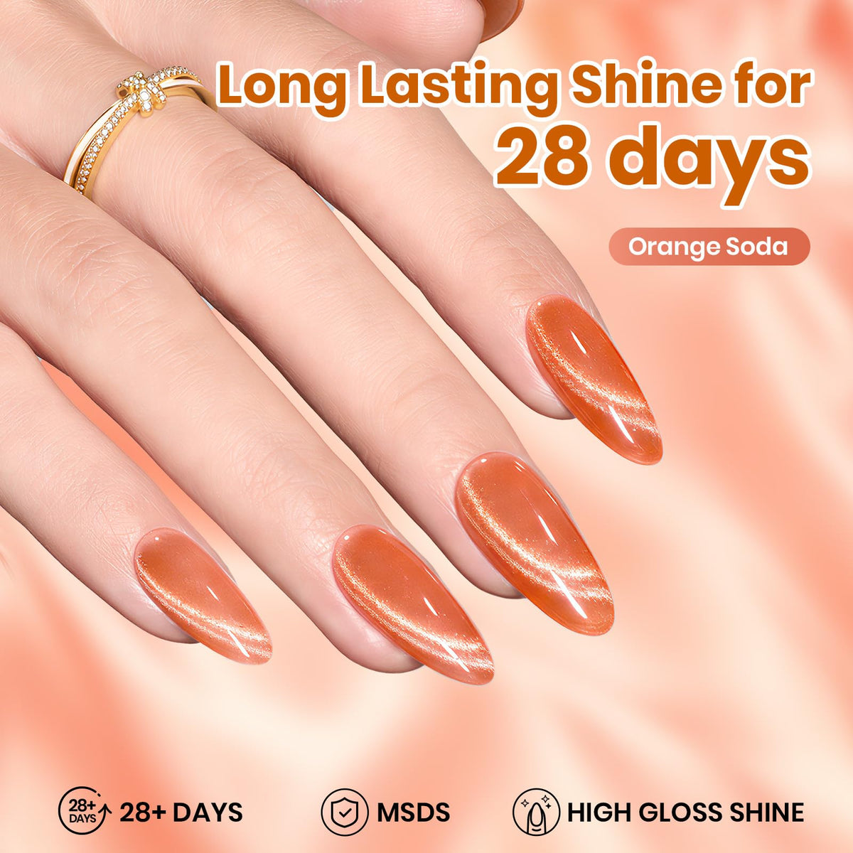 beetles Gel Polish nail swatch set displaying range of orange shimmer looks