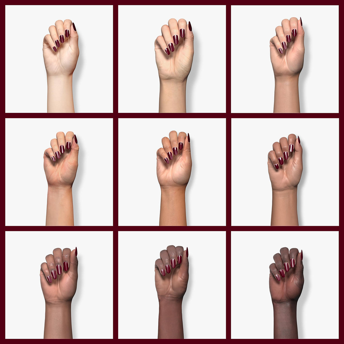 Beetles Gel Polish applied on a model nail showcasing rich maroon shine