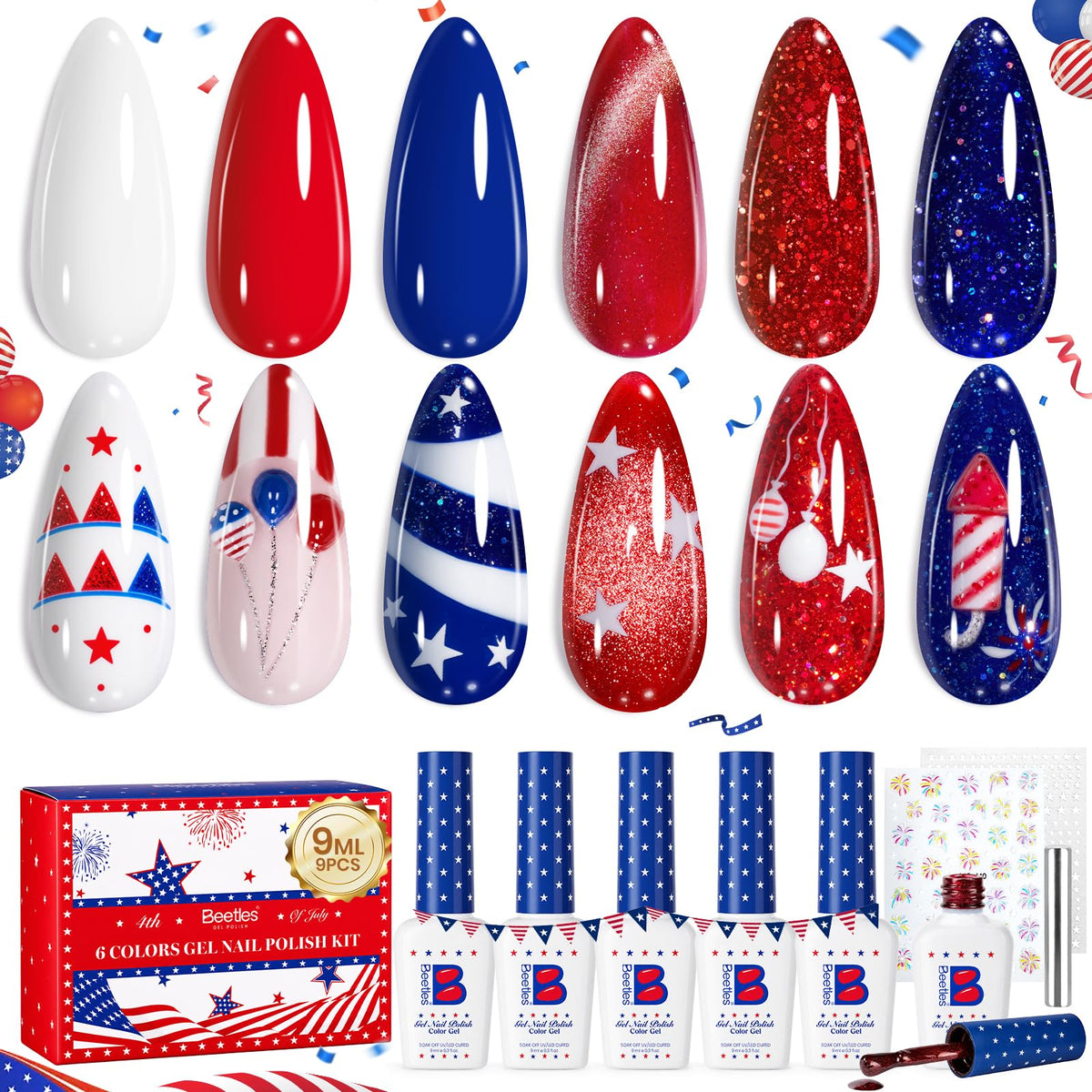 Beetles Gel Polish front packaging showing patriotic six-color set benefit quick selection