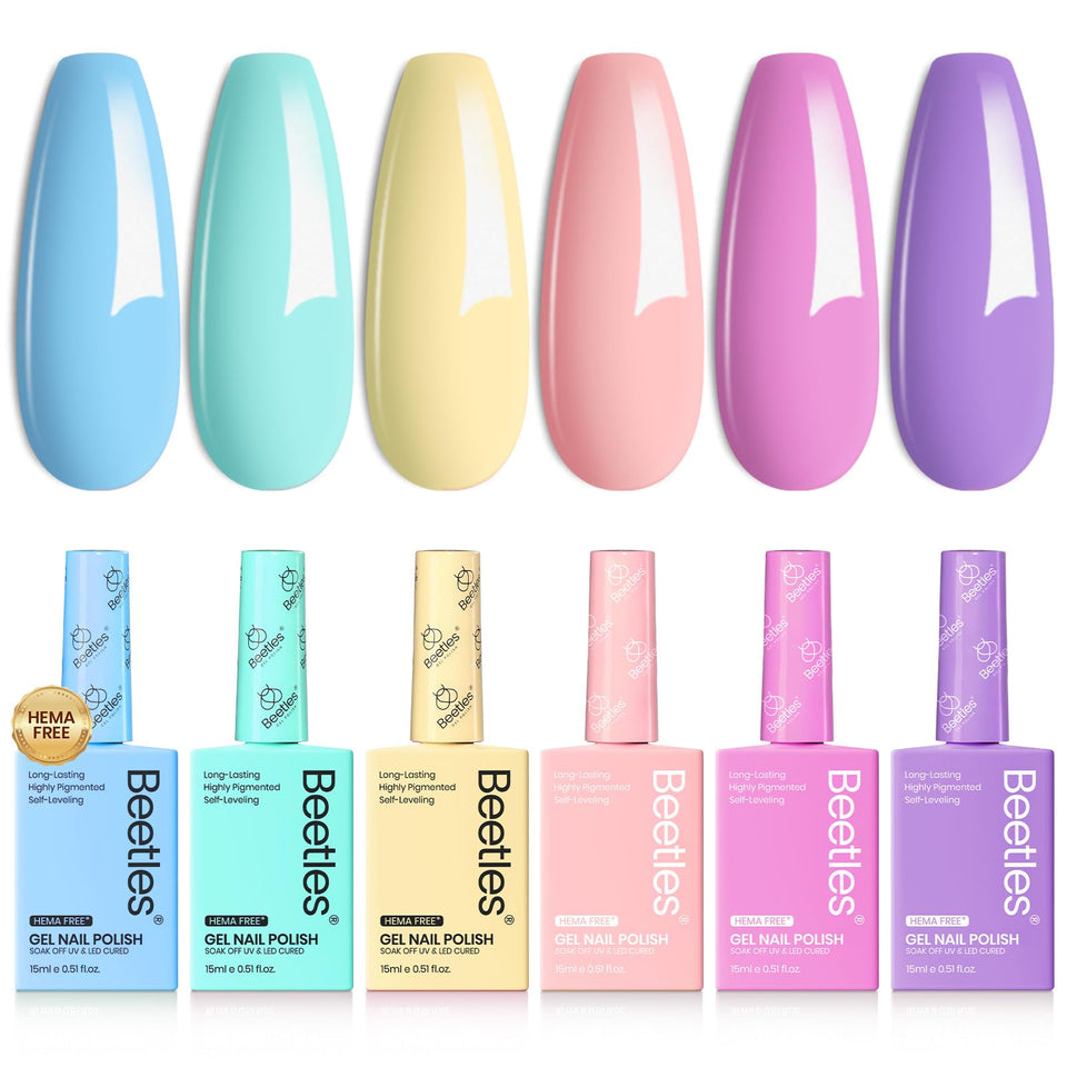 Beetles bottle front packaging showing pastel colors and benefit durable shine