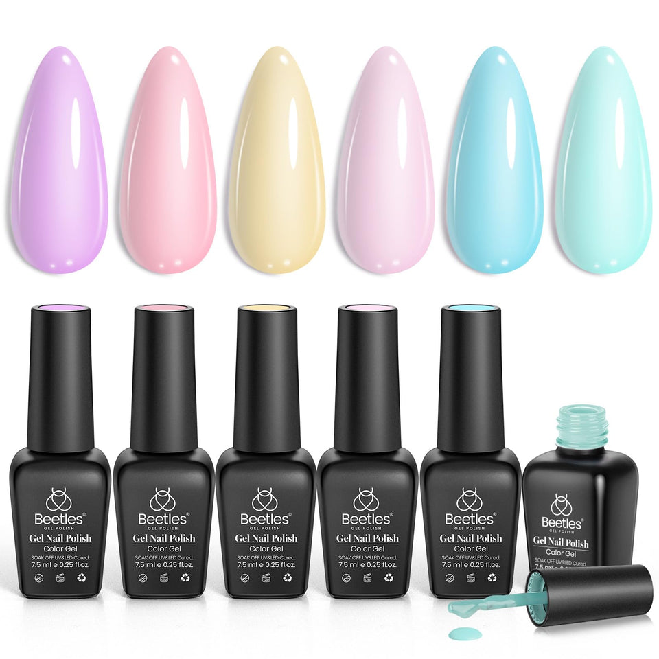 beetles pastel set front packaging showing six numbered bottles and colorful display benefits variety
