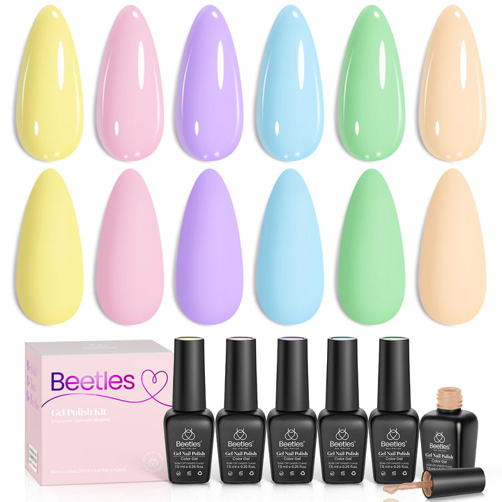 beetles gel polish front packaging showing six pastel colors and benefits of trendy shades