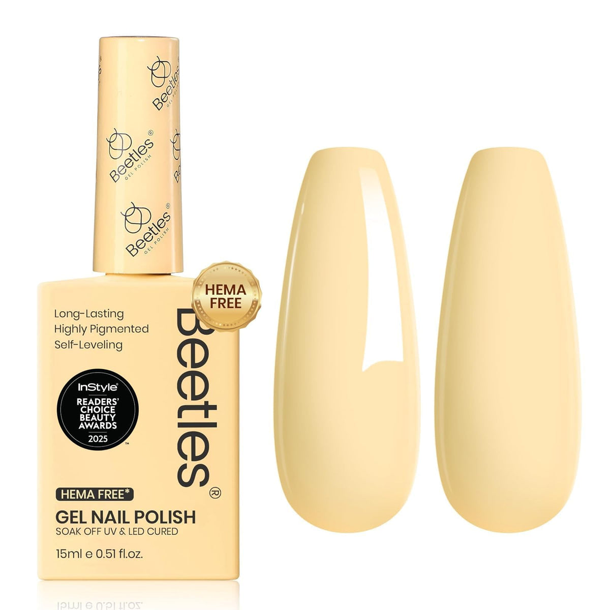 Beetles Gel Polish front bottle showing true pastel yellow color and easy selection benefit