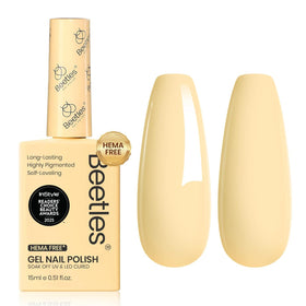 Beetles Gel Polish front bottle showing true pastel yellow color and easy selection benefit