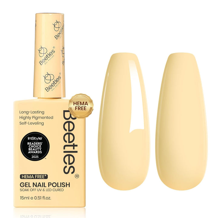Beetles Gel Polish front bottle showing true pastel yellow color and easy selection benefit