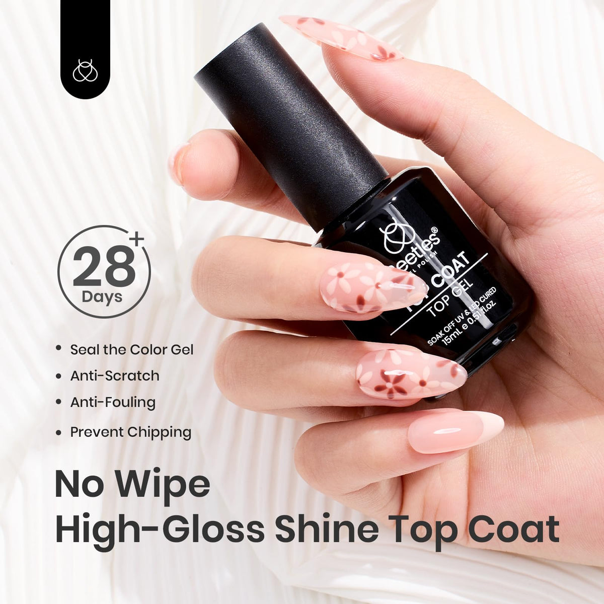 beetles peeling off cured polish from nail, brand showing gentle removal without filing