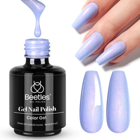 beetles bottle front view showing periwinkle gel polish — clear color preview