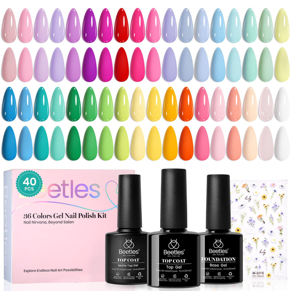 Beetles front packaging showing 36 pastel gel colors and coats for easy selection