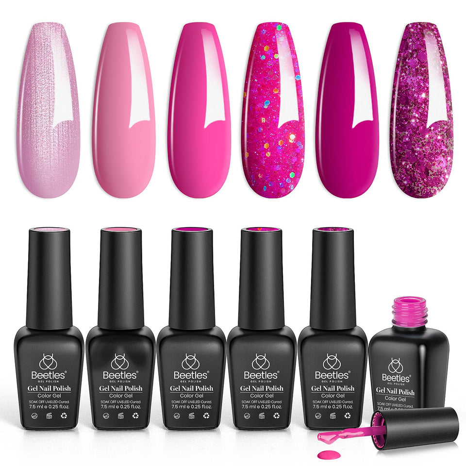 beetles Gel Polish front packaging showing six pink shades and kit benefit