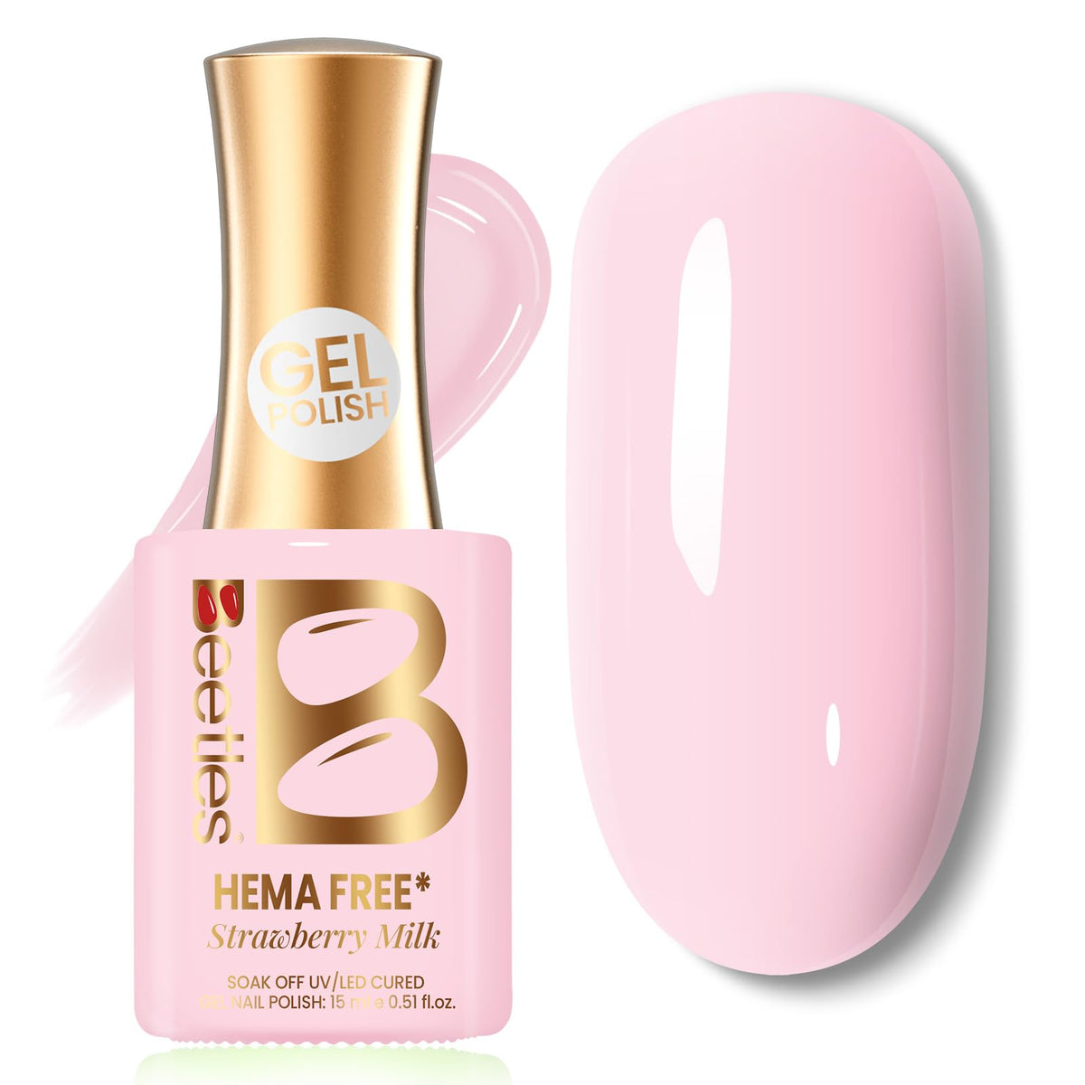beetles Gel Polish bottle front showing pastel pink and clear label