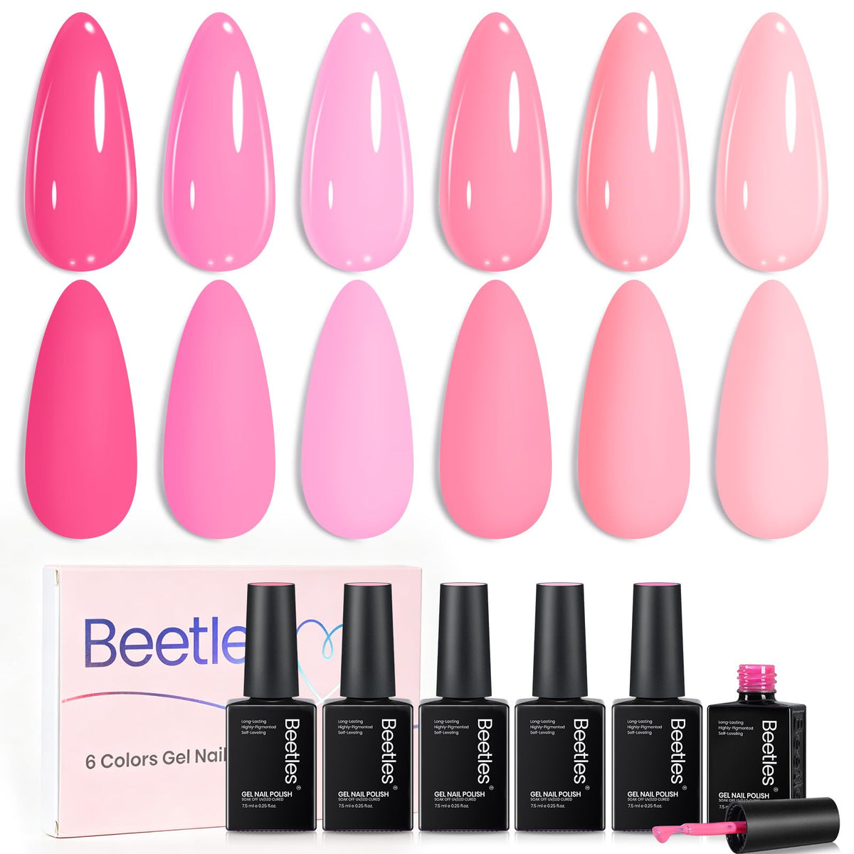 Beetles Gel Polish front packaging showing six pink bottles and neat labels for easy selection
