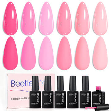 Beetles Gel Polish front packaging showing six pink bottles and neat labels for easy selection