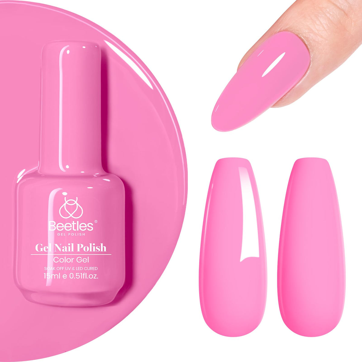 Beetles Gel Polish front packaging showing 15ml bottle and bright pink shade benefit
