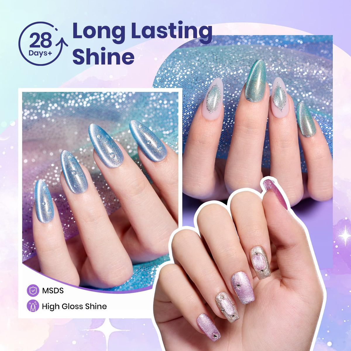 Beetles Gel Polish applied on fingers displaying glossy cat-eye effect for salon look