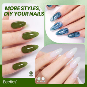 Beetles polished nails wearing forest veil shade in lifestyle setting showing wearable natural look benefit
