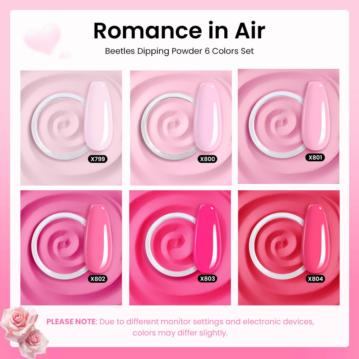 beetles color swatches of six pink powders to visualize shade options