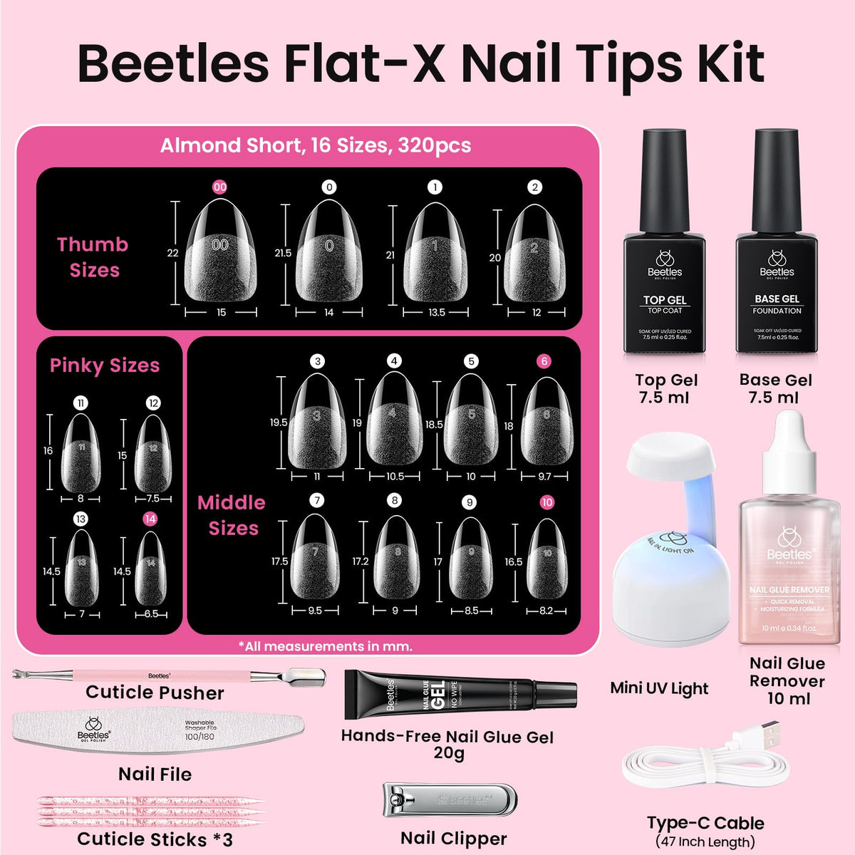Beetles Gel Polish spread of pre-numbered tip sizes for quick perfect match