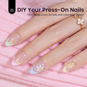 beetles hand applying a press-on nail demonstrating quick at-home use