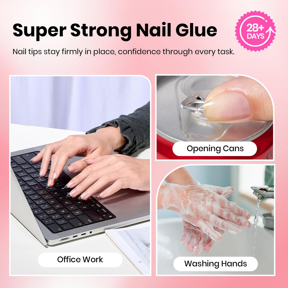 beetles glue application with press-on nail illustrating fast hold