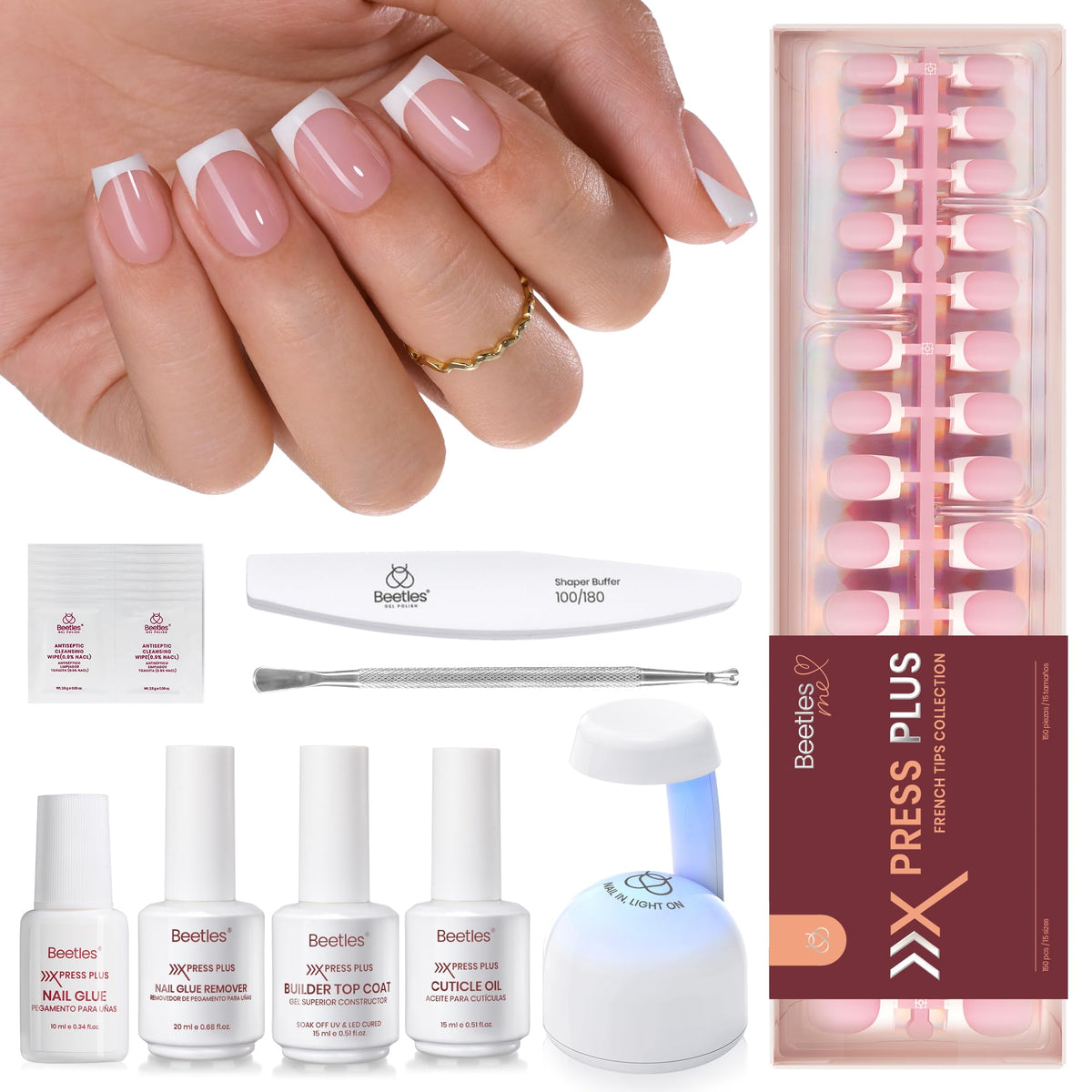 beetles gel polish front packaging showing 150-piece press-on kit and tools for convenience