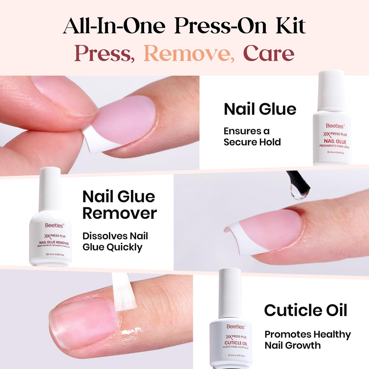 beetles gel polish close-up of pearl pink short square French tip showcasing fine finish