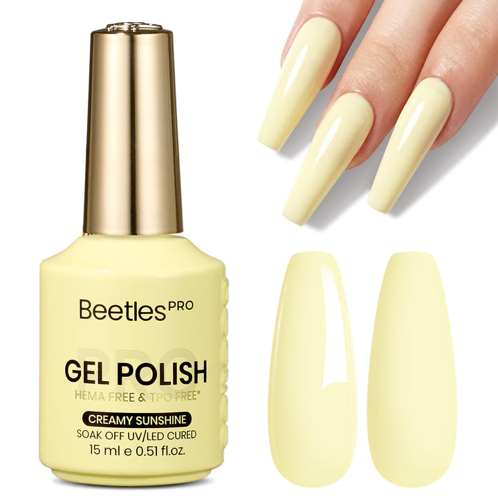 beetles bottle front view showing pastel yellow shade and professional labeling for visual reference