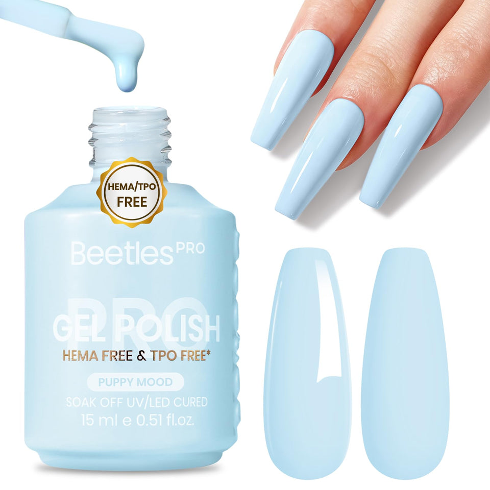 Beetles Pro bottle front packaging showing pastel blue shade and 15ml volume