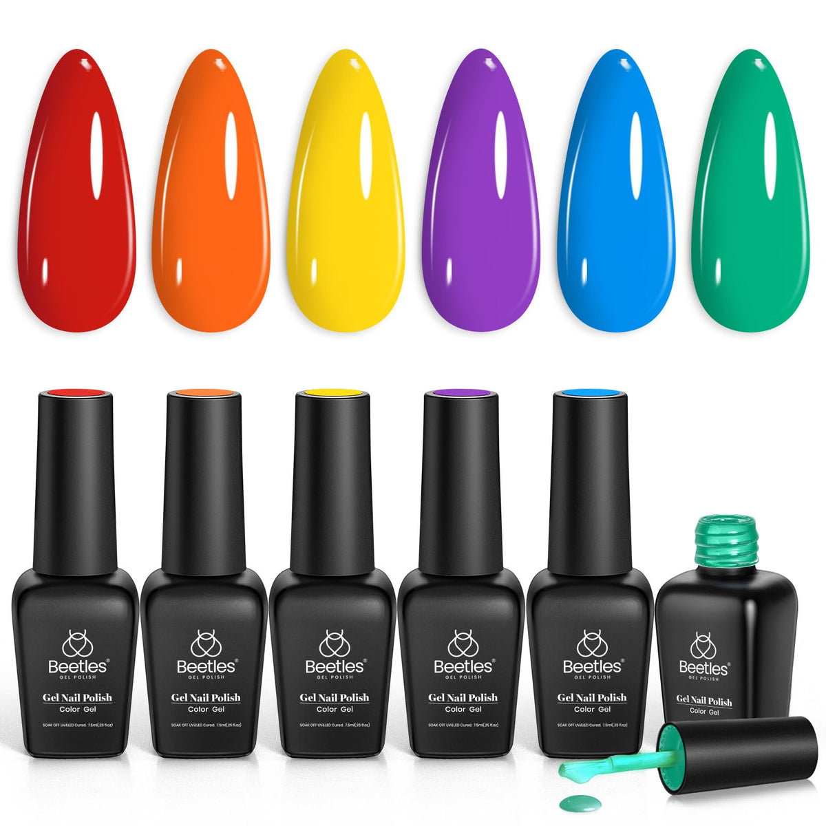 Beetles front packaging showing six neon gel bottles and rainbow display benefit bright colors