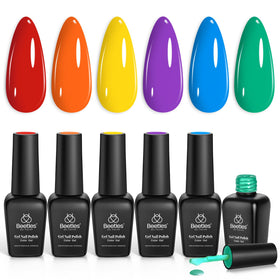 Beetles front packaging showing six neon gel bottles and rainbow display benefit bright colors