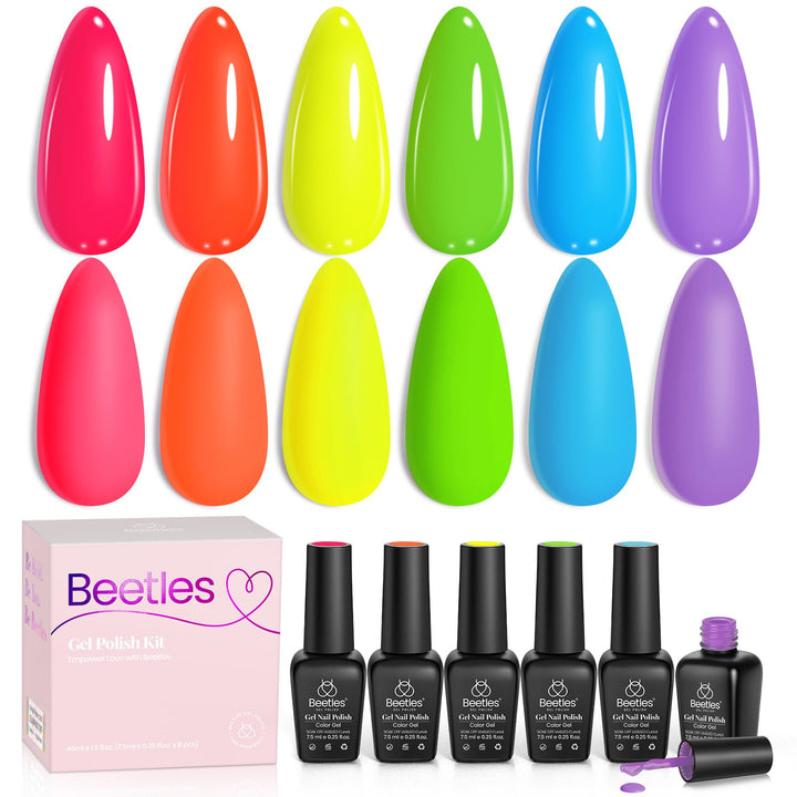beetles front packaging showing six neon gel bottles and bright rainbow display for quick selection