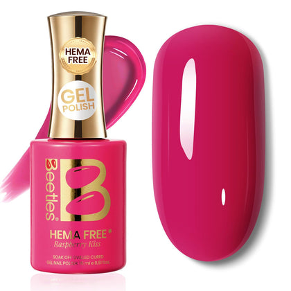 Beetles Gel Polish front bottle showing Raspberry Kiss hot-pink shade and benefit