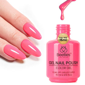 Beetles Gel Polish styled in summer outfit scene showing bright pink nails that boost style