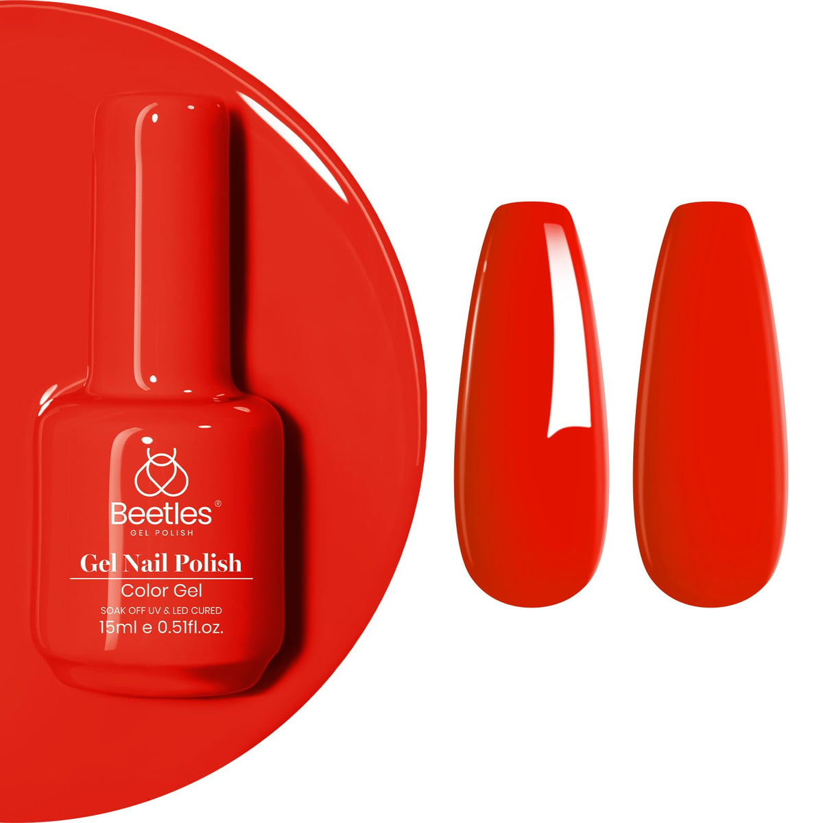 Beetles bottle front view showing bright orange-red polish and 15ml size for confident color
