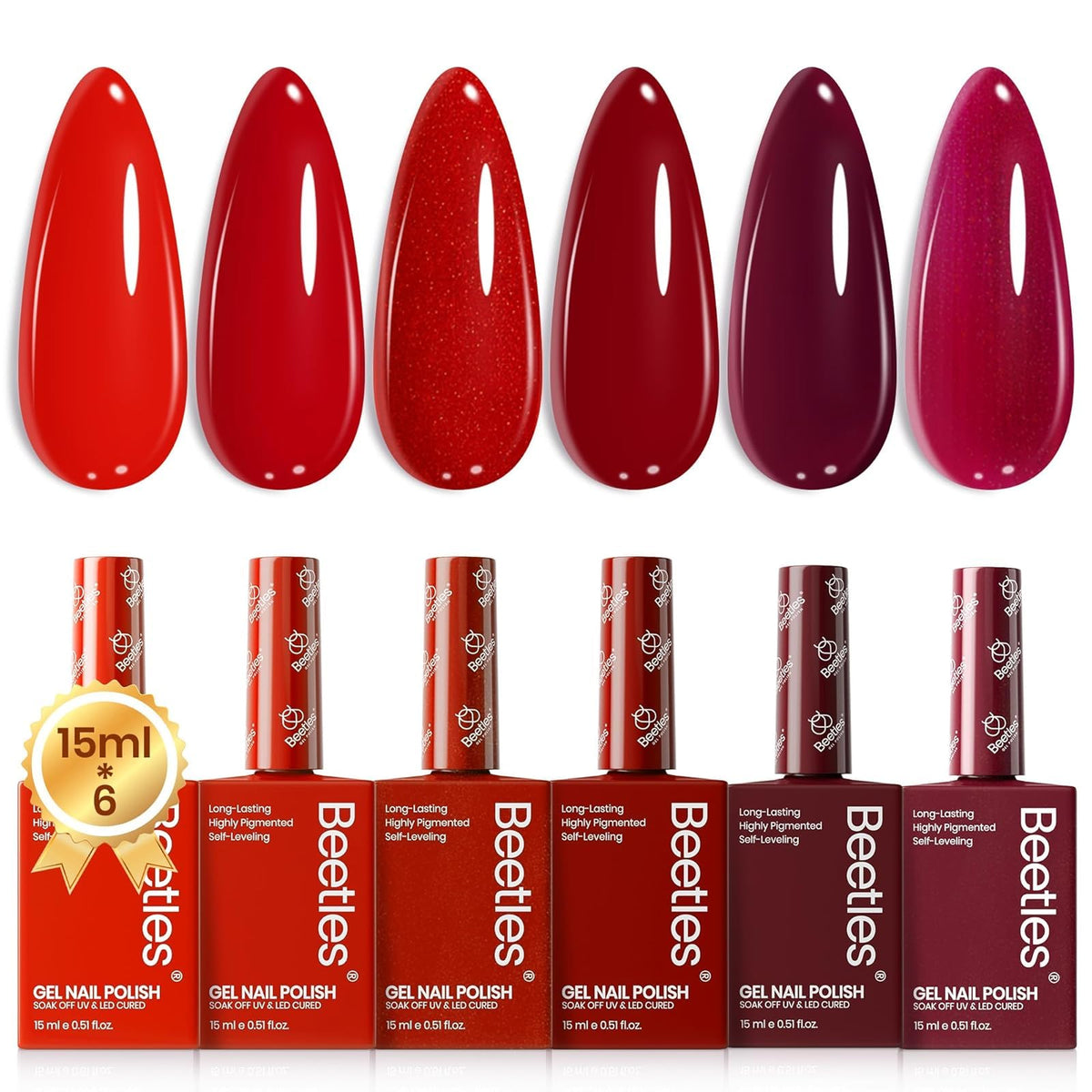 Beetles gel polish front packaging showing six full-size bottles for variety