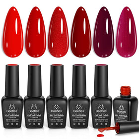 Beetles Gel Polish front packaging showing six red bottles, great palette selection