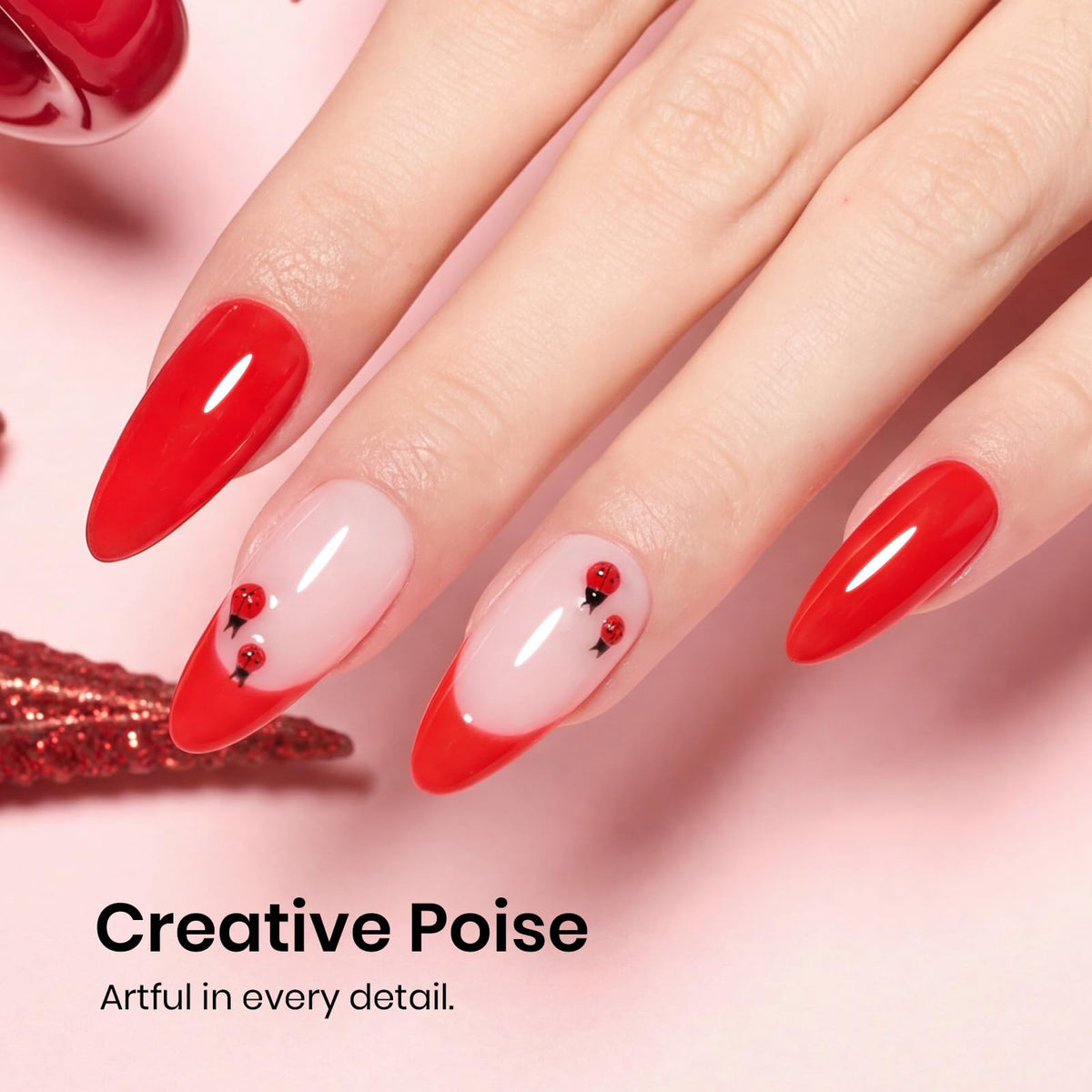 Beetles Gel Polish on nails in lifestyle scene showing vibrant red and long-lasting wear benefit