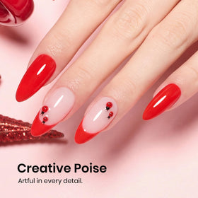 Beetles Gel Polish on nails in lifestyle scene showing vibrant red and long-lasting wear benefit