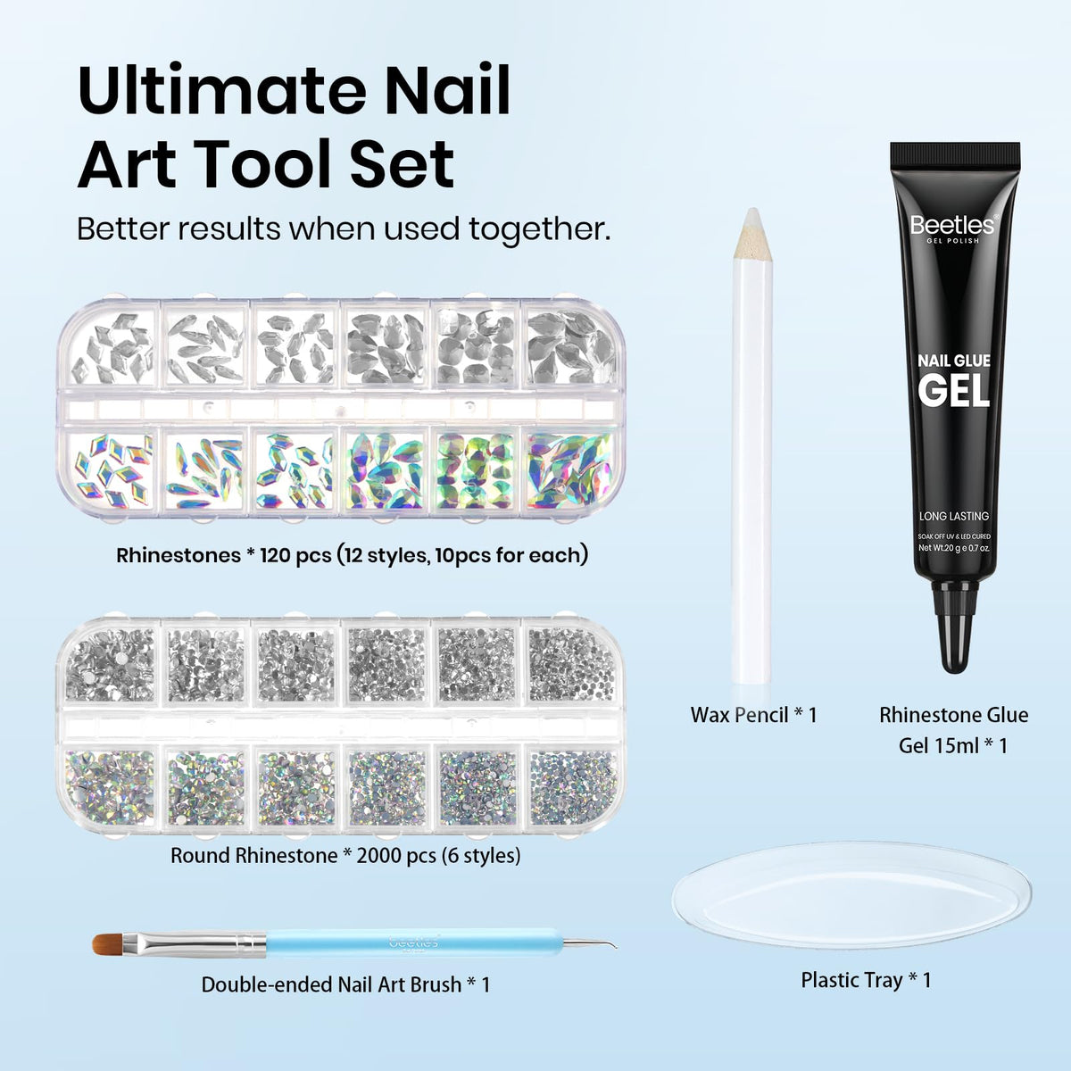 Beetles Gel Polish boxed rhinestone sizes, clear view of assortment and quantity