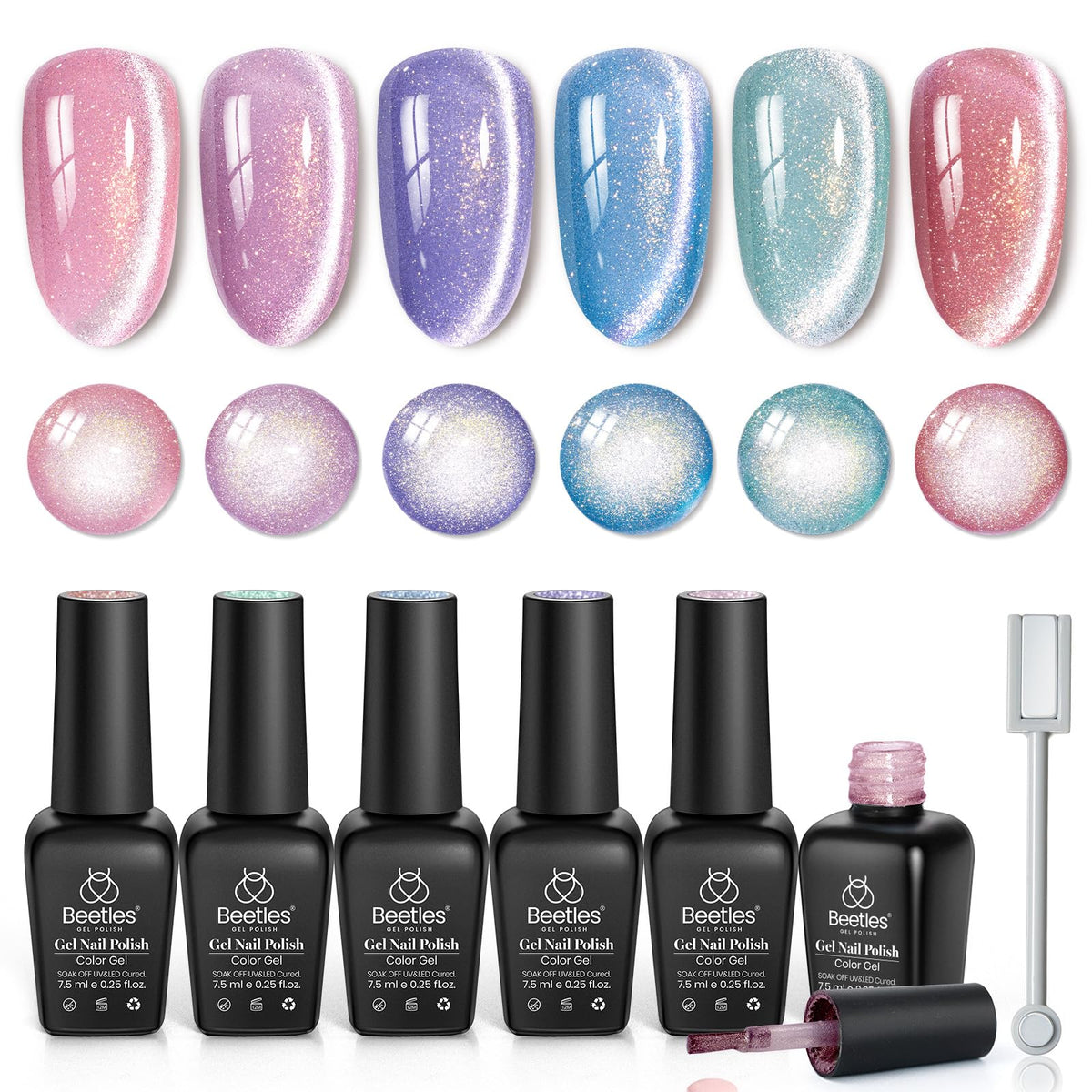 Beetles Gel Polish front packaging showing six romantic galaxy shades and magnet tool benefit