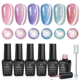 Beetles Gel Polish front packaging showing six romantic galaxy shades and magnet tool benefit
