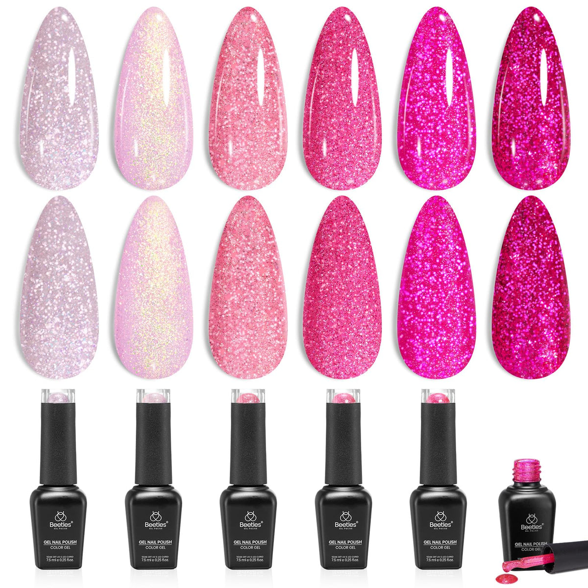 Beetles Gel Polish front packaging showing six pink glitter bottles and gift-ready presentation