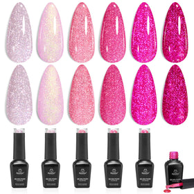 Beetles Gel Polish front packaging showing six pink glitter bottles and gift-ready presentation