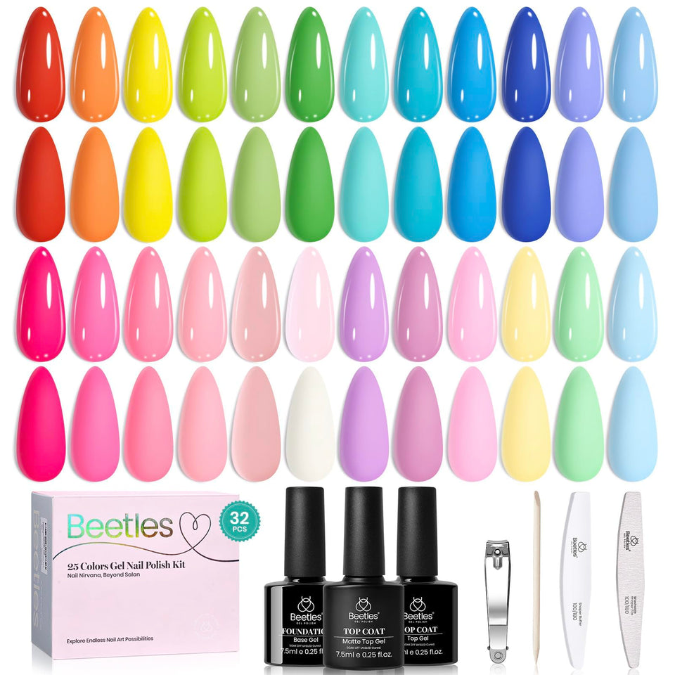 beetles front packaging showing 25 colorful gel bottles and kits, clear overview and gift-ready