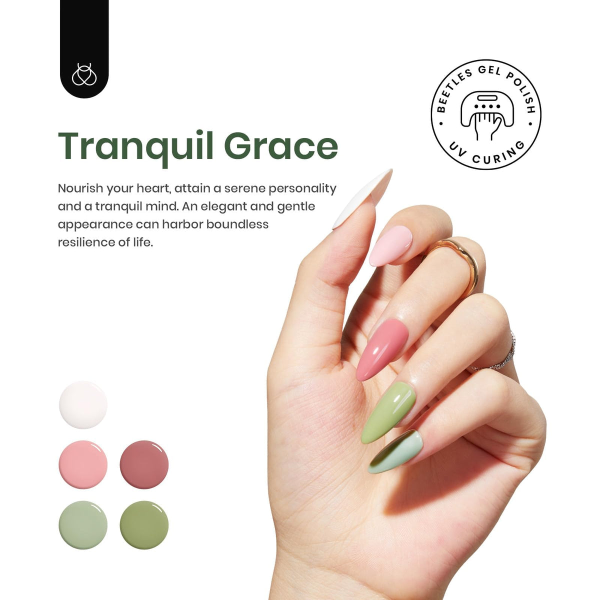 beetles sage and olive swatches on a hand to show color payoff and wearable nature-inspired tones