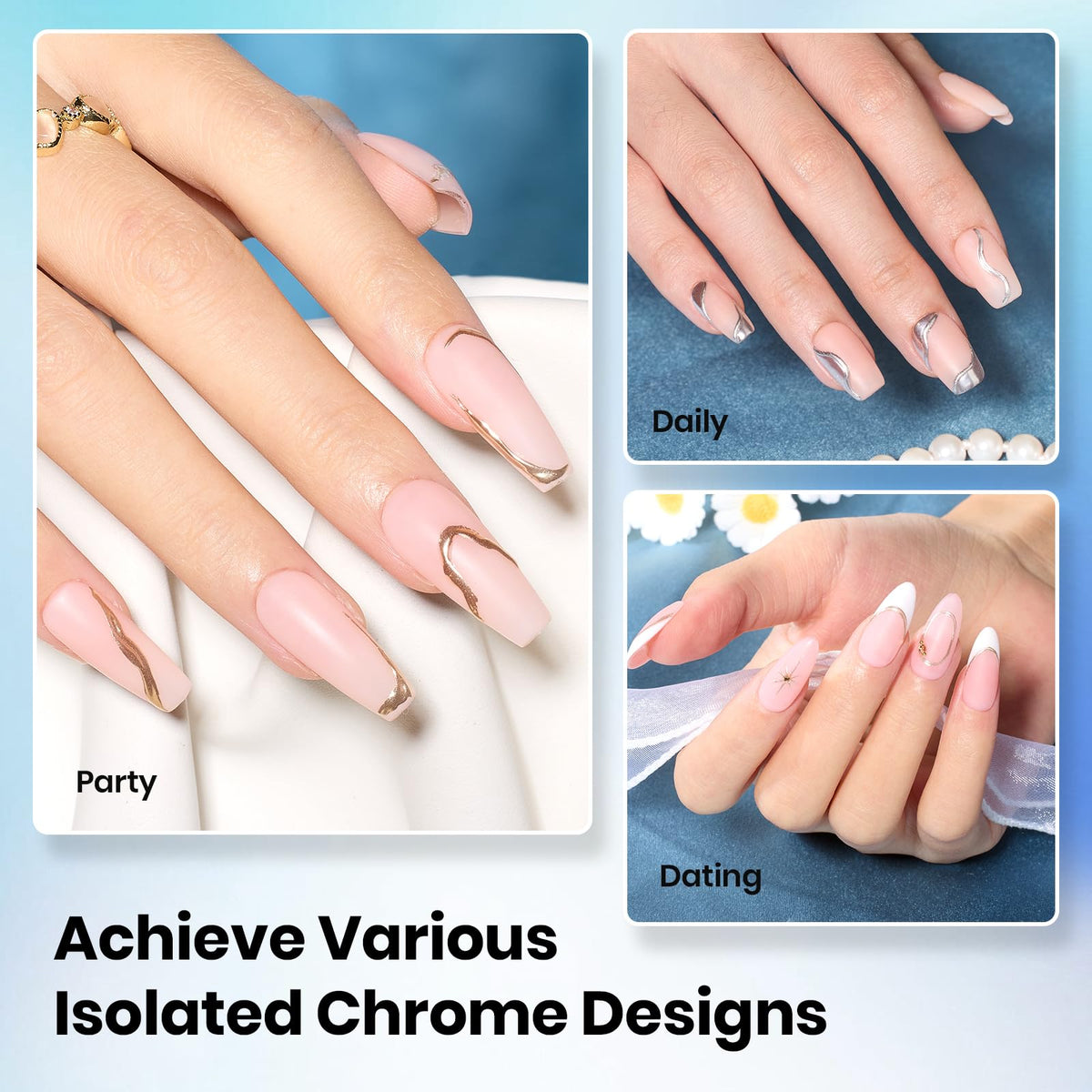 Beetles salon manicure featuring matte chrome accents showing precision and professional look
