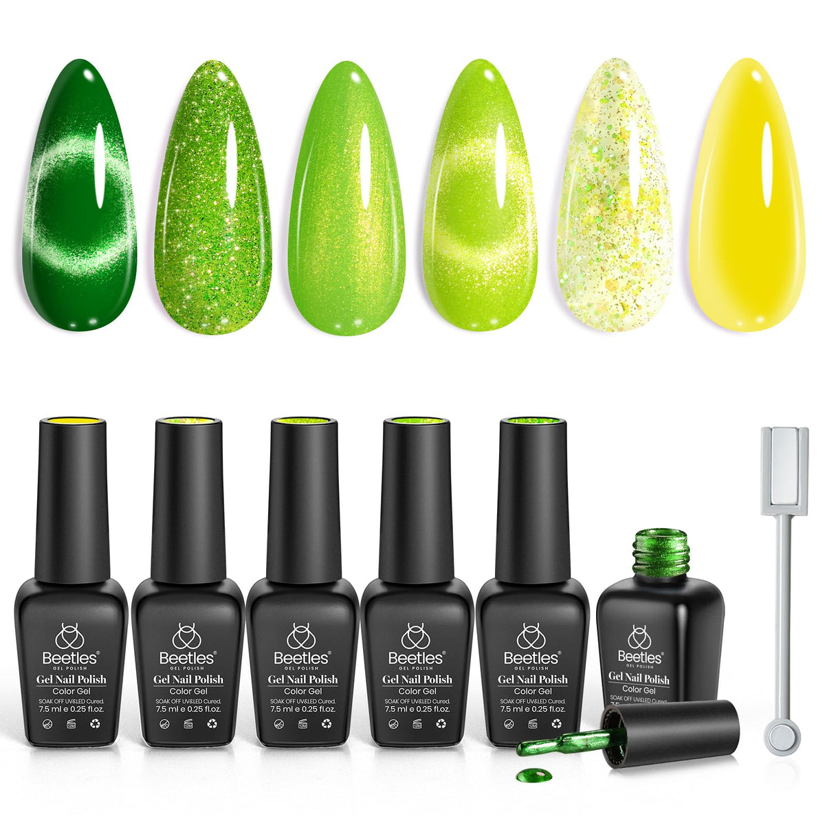 beetles salon manicure lifestyle showing finished green cat eye nails for professional inspiration